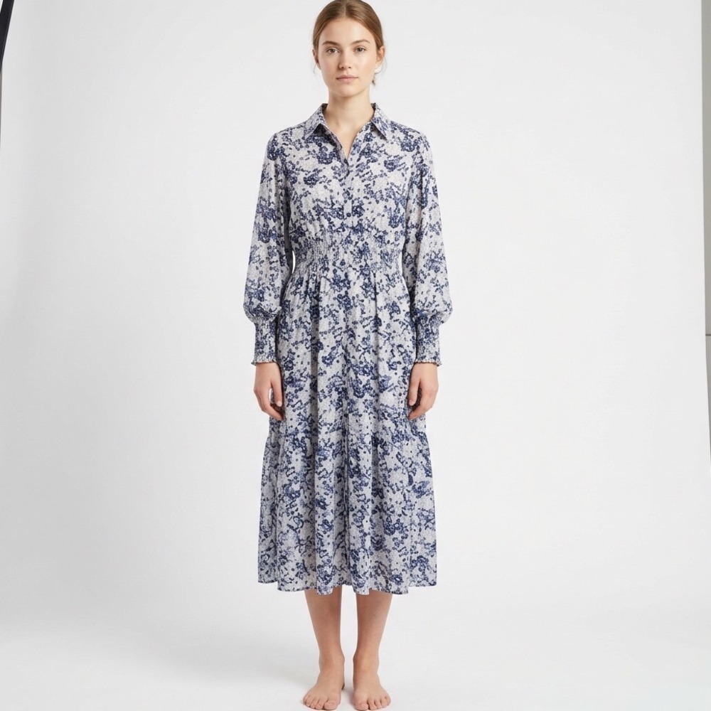 Boemo Blue Floral Smocked Waist Tiered Midi Dress Mauve Pink Size M Long‎ Sleeve